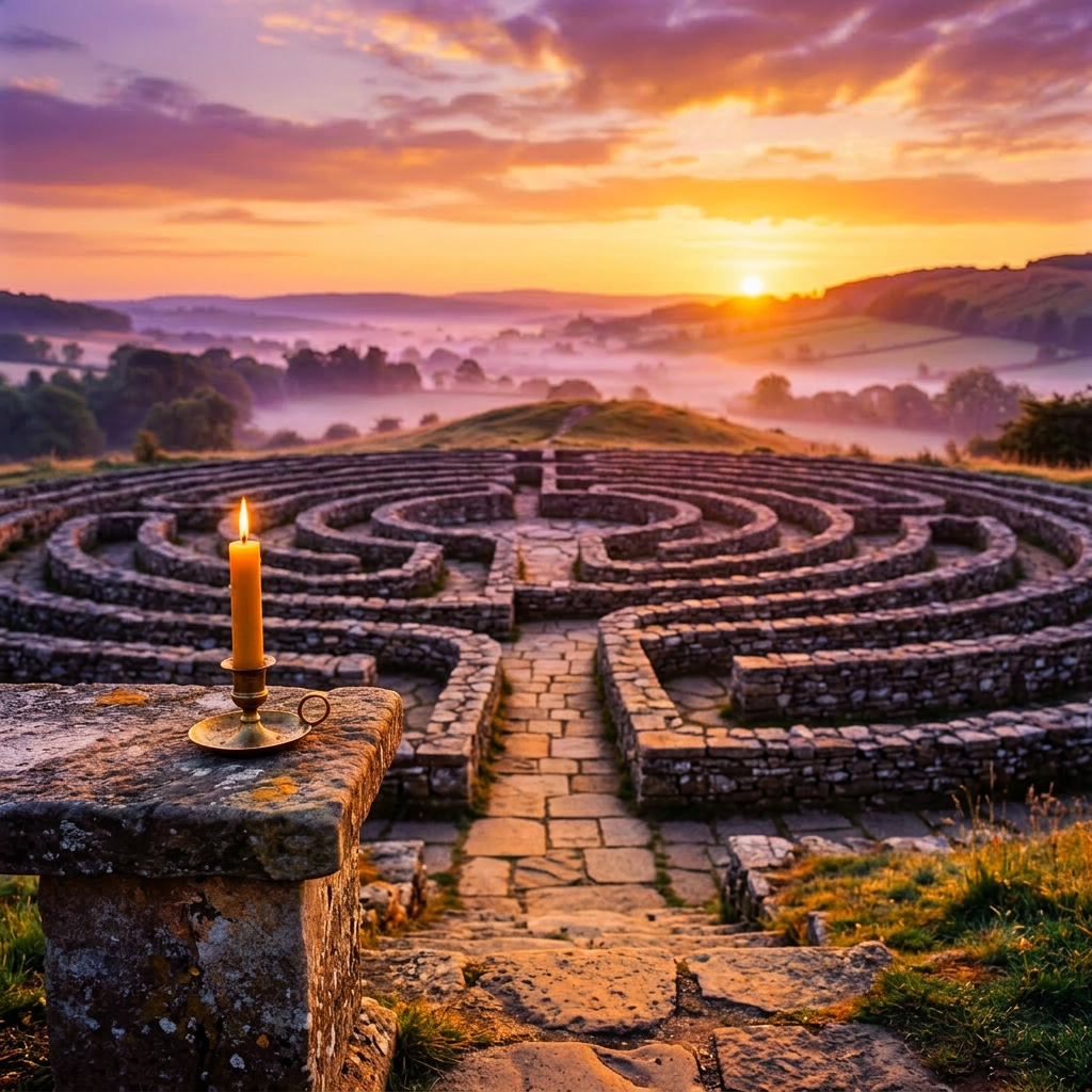 Stone labyrinth with a lit candle on a stone pedestal and sunrise in the background