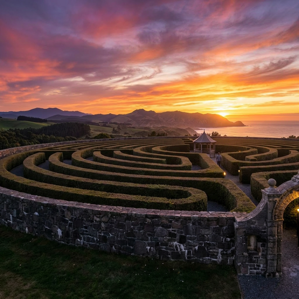Circular hedge maze with a pavilion in the center under a colorful sunset sky