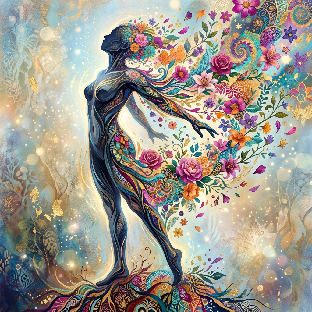 Silhouette of woman with colorful flowers and intricate decorative patterns emerging