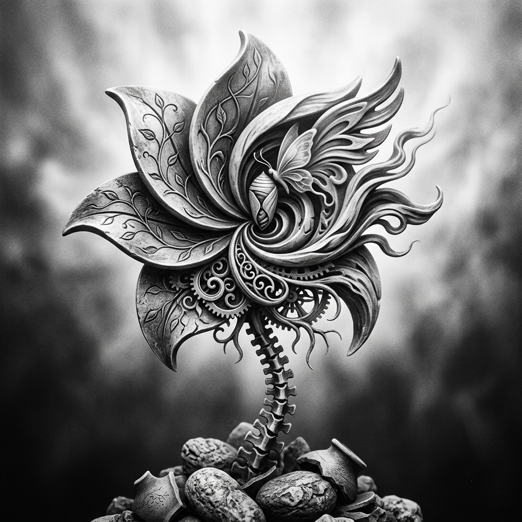 A surreal flower blending organic petals with mechanical gears and a butterfly at its core