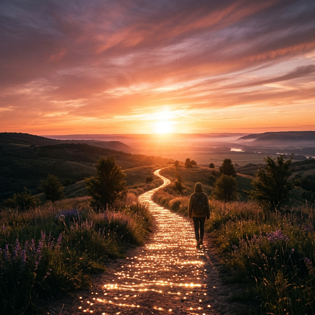 Person walking on a sunlit winding path surrounded by hills and vegetation at sunset.