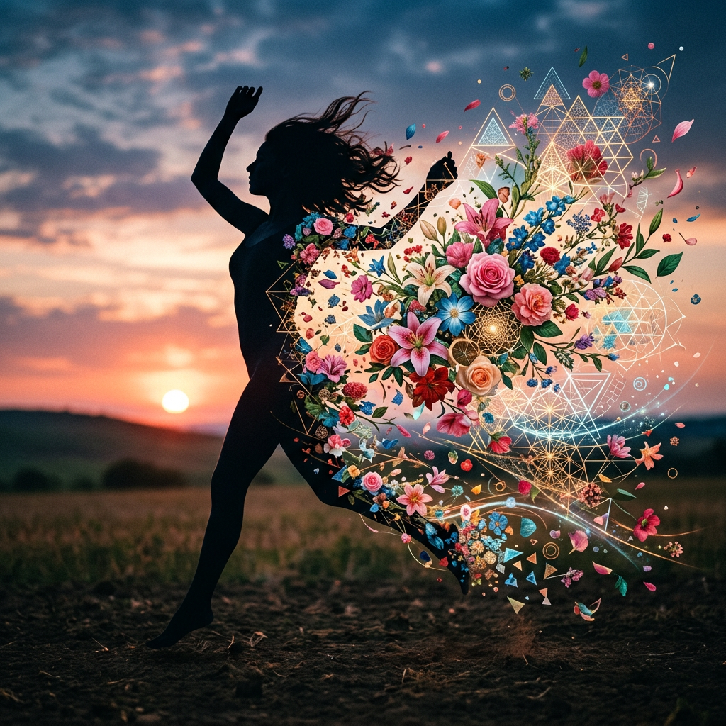 Silhouette of a woman dancing outdoors at sunset with colorful flowers and geometric patterns emerging from her body