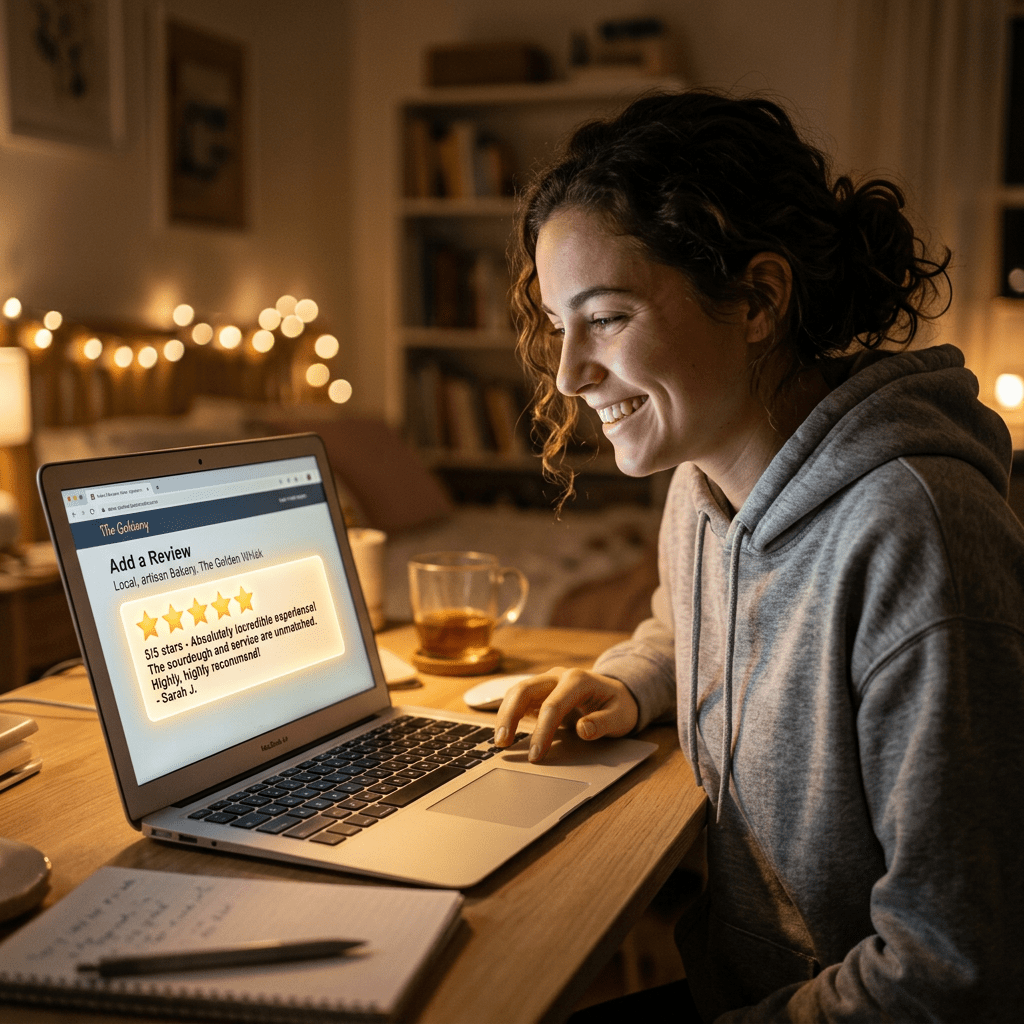 Person leaving glowing five-star review online