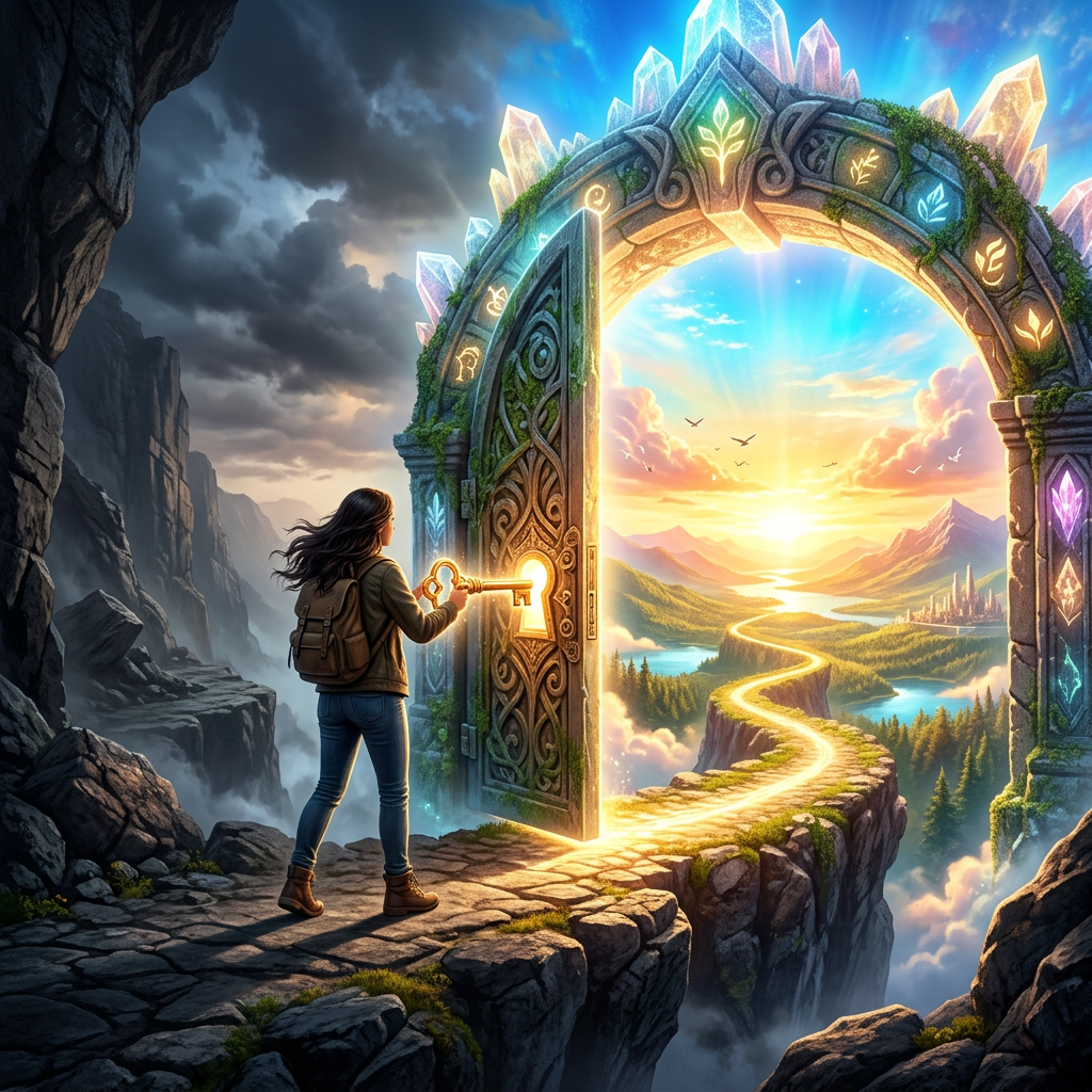 A woman holding a large key opening an ornate glowing door leading to a bright fantasy landscape.