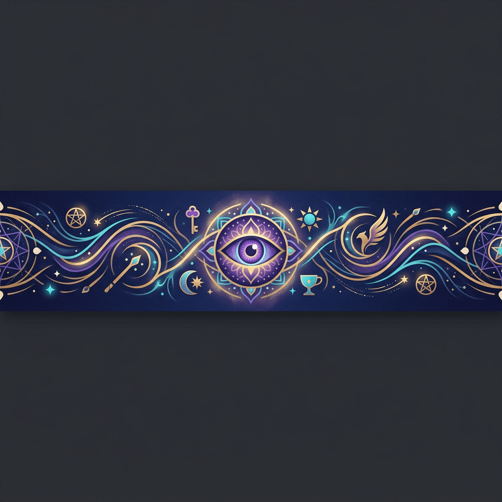 A central purple eye surrounded by swirling gold and blue lines with stars, keys, cups, and pentagrams on a dark background