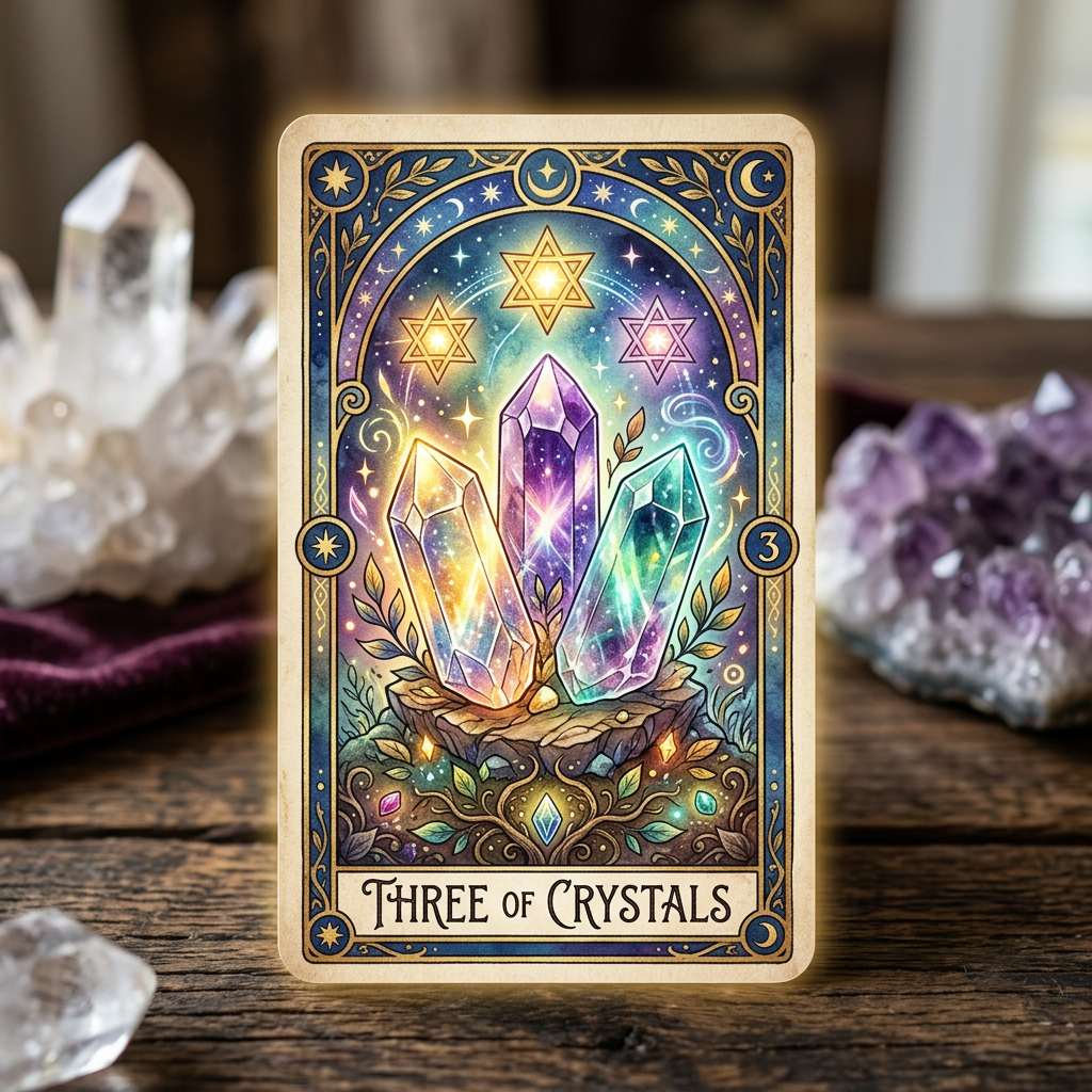 Three of Crystals tarot card showing three glowing crystals surrounded by stars and mystical symbols