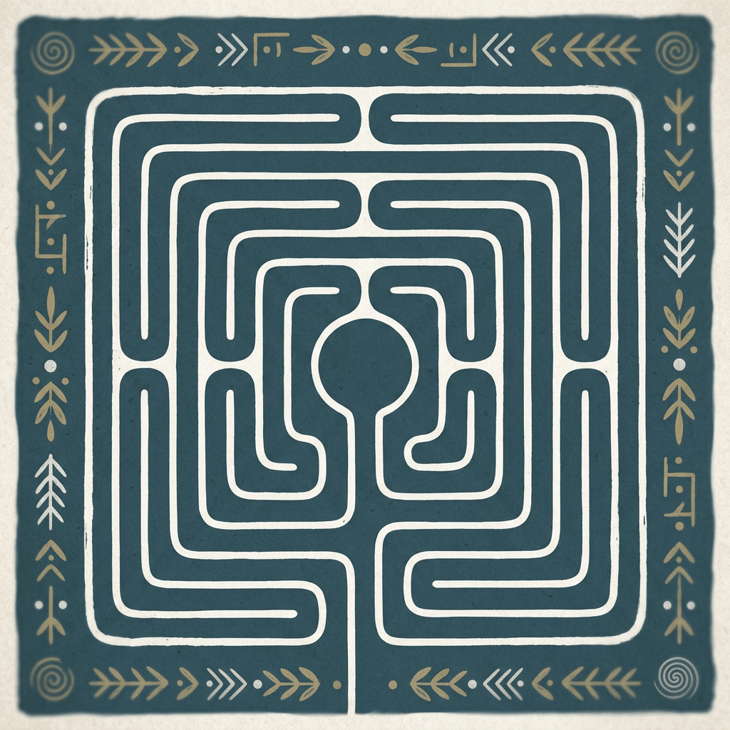 Square labyrinth maze with patterned border of arrows and leaves