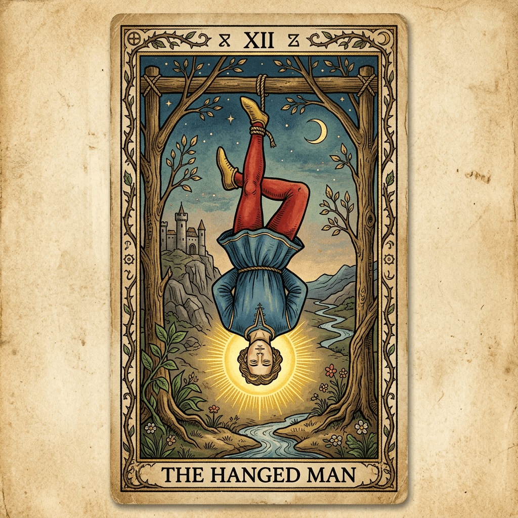 The Hanged Man tarot card featuring a person hanging upside down by one foot with a glowing halo, framed by trees and a castle in the background